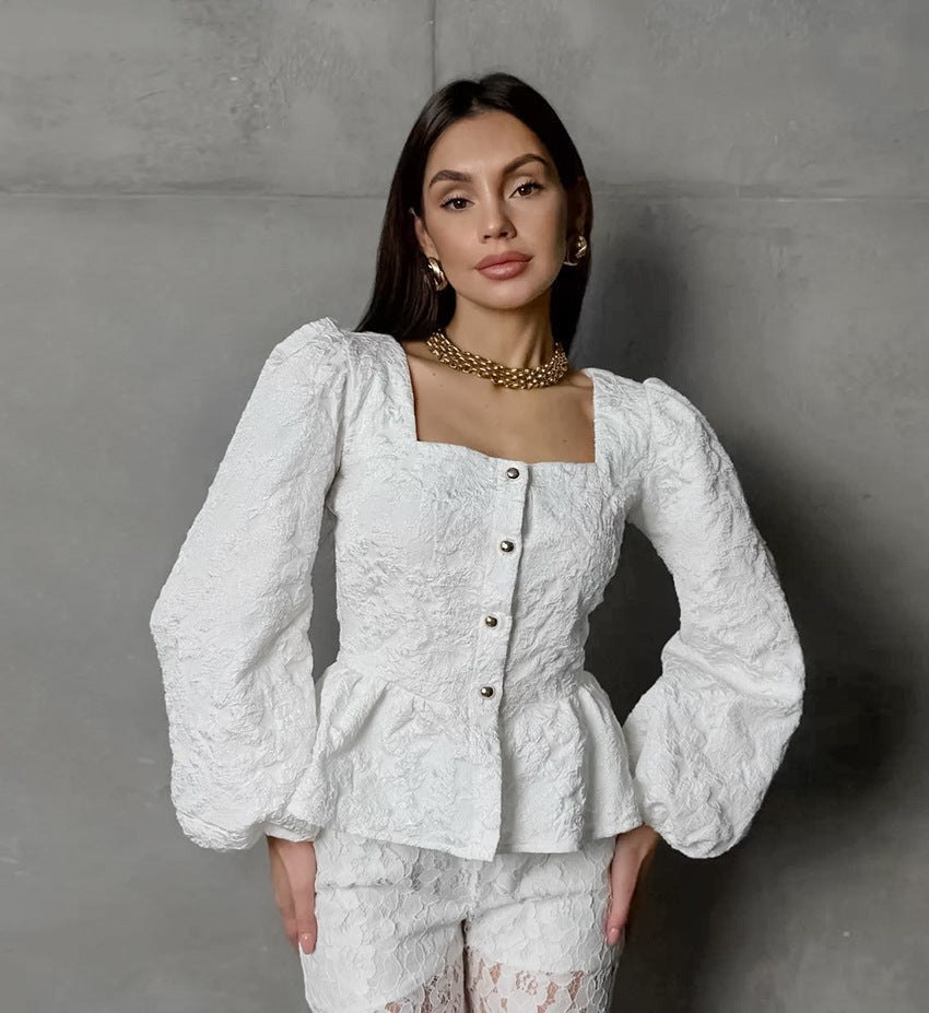 Women’s Textured Square-Neck Peplum Blouse