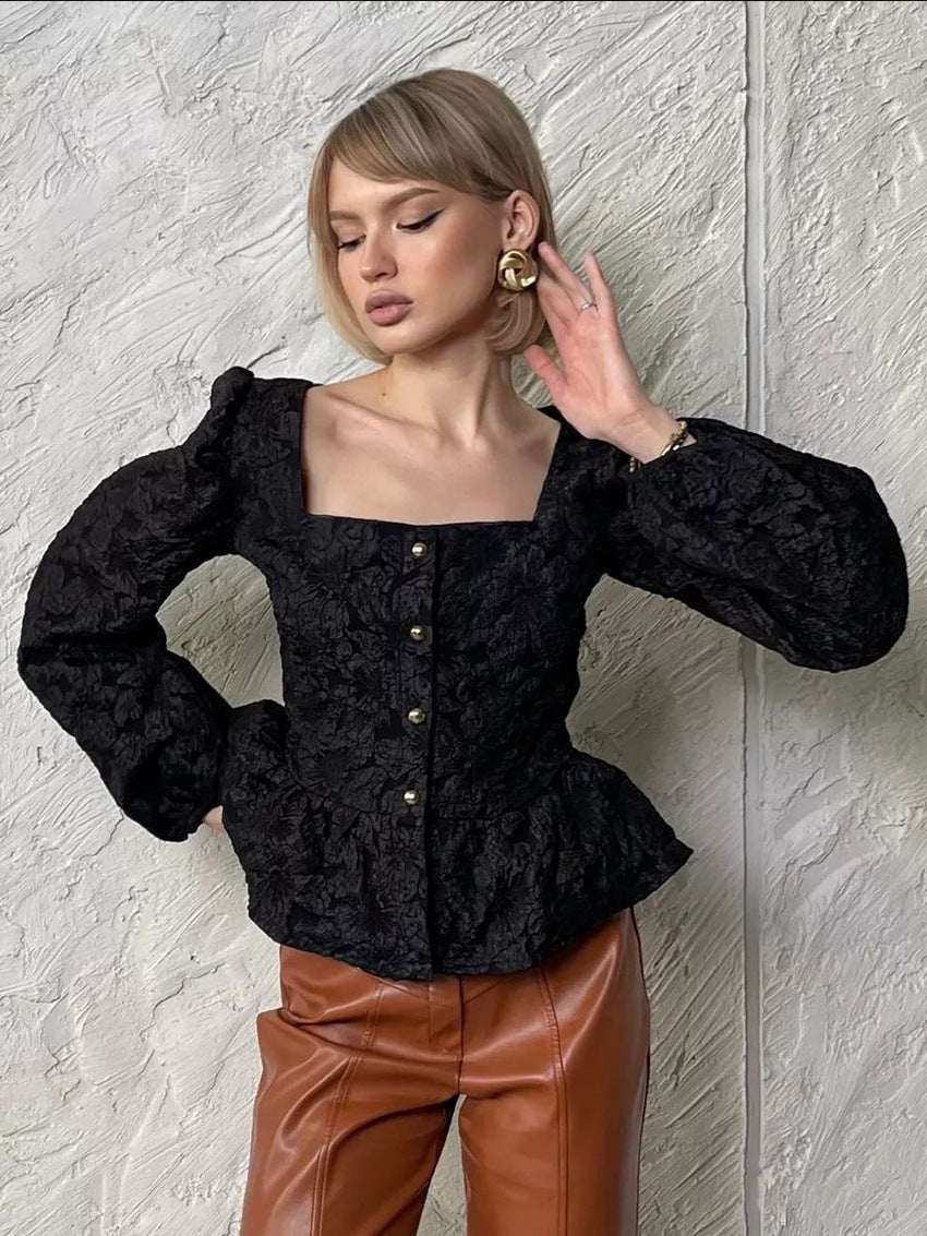 Women’s Textured Square-Neck Peplum Blouse