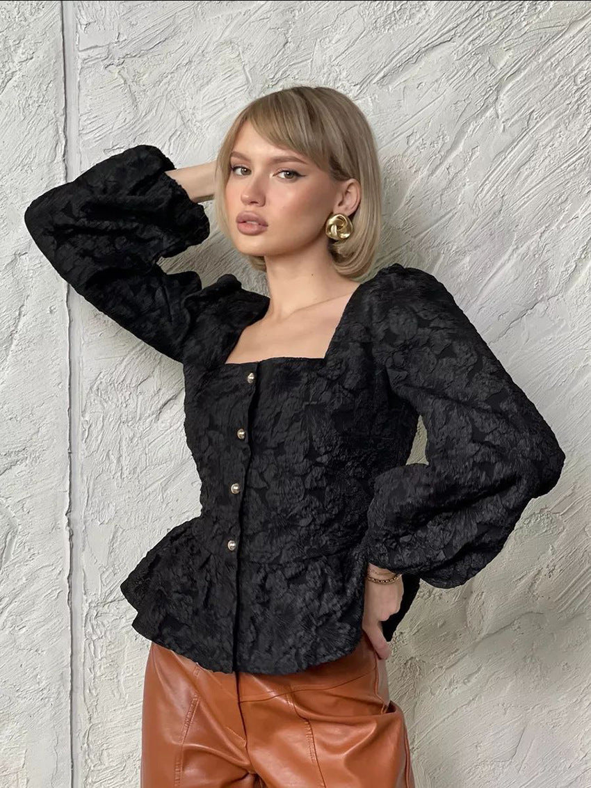Women’s Textured Square-Neck Peplum Blouse