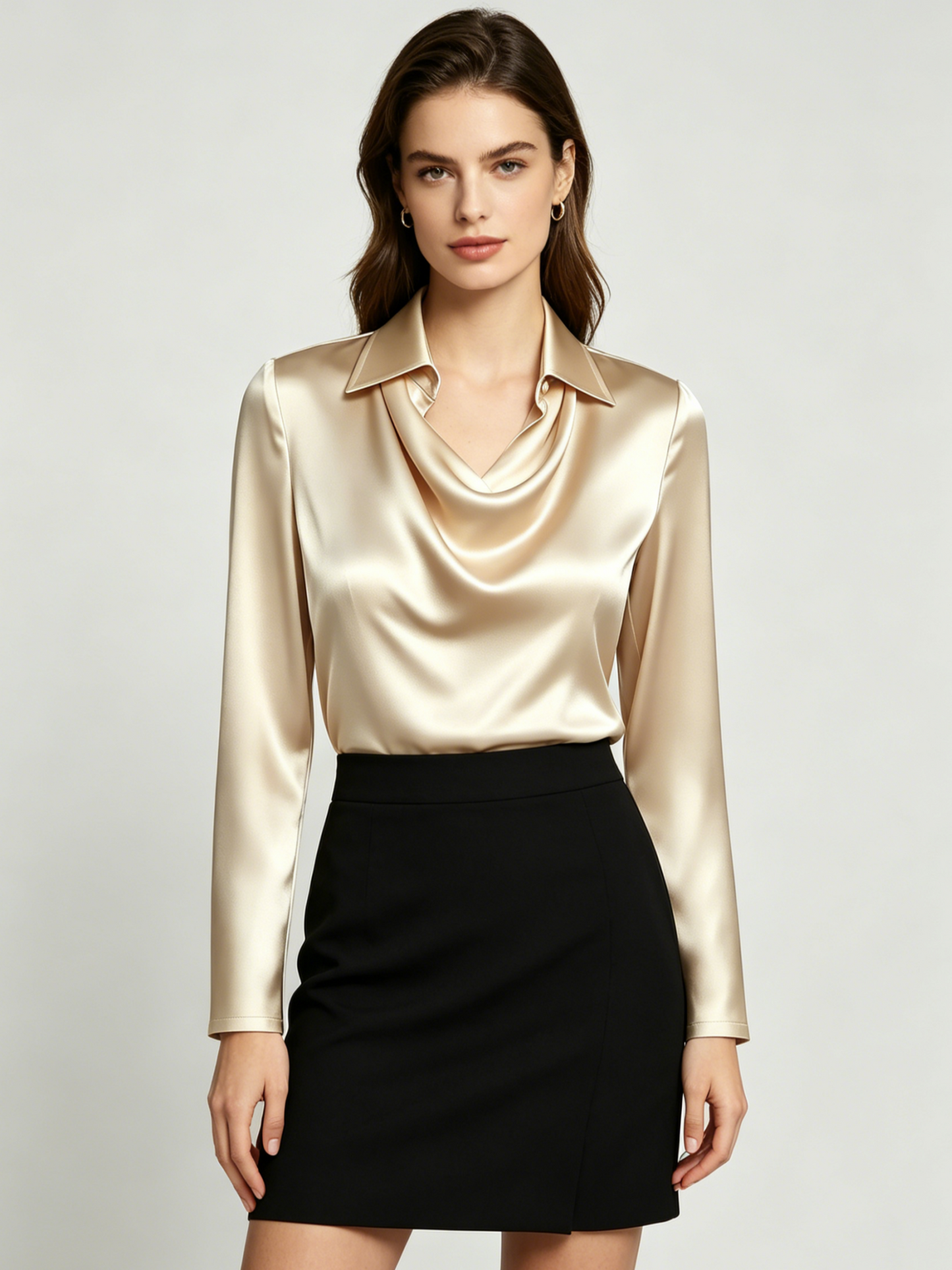Long-sleeved satin collared top shirt