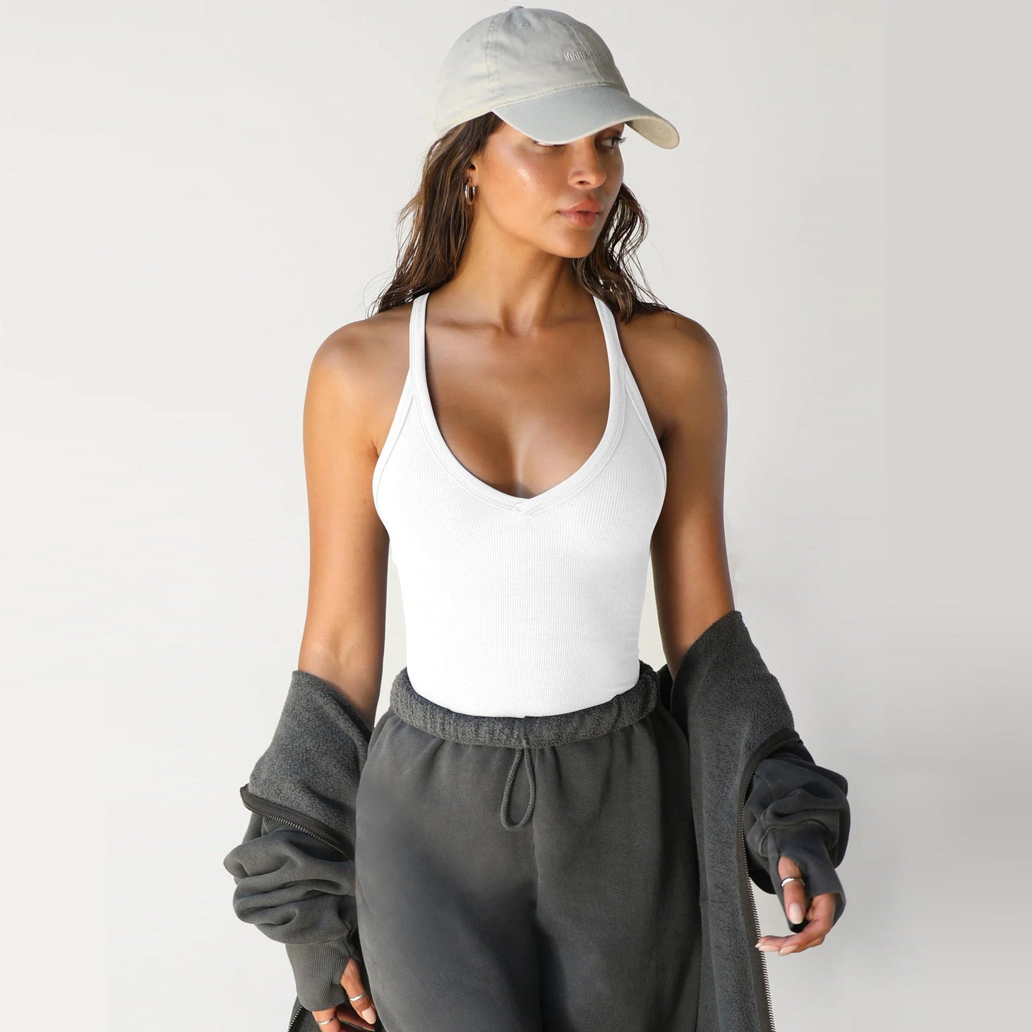 Women’s White Ribbed Racerback Tank Top